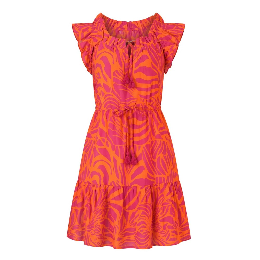 La Plage Berry Dress Pink Orange Abstract Floral Cotton Flutter Sleeve Mini S